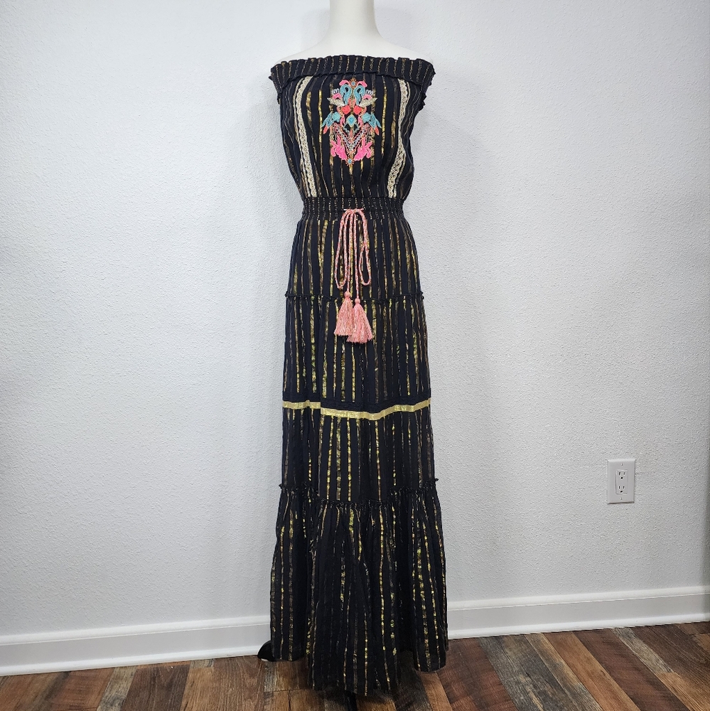 Black Metallic Gold Strapless Maxi Dress Size S